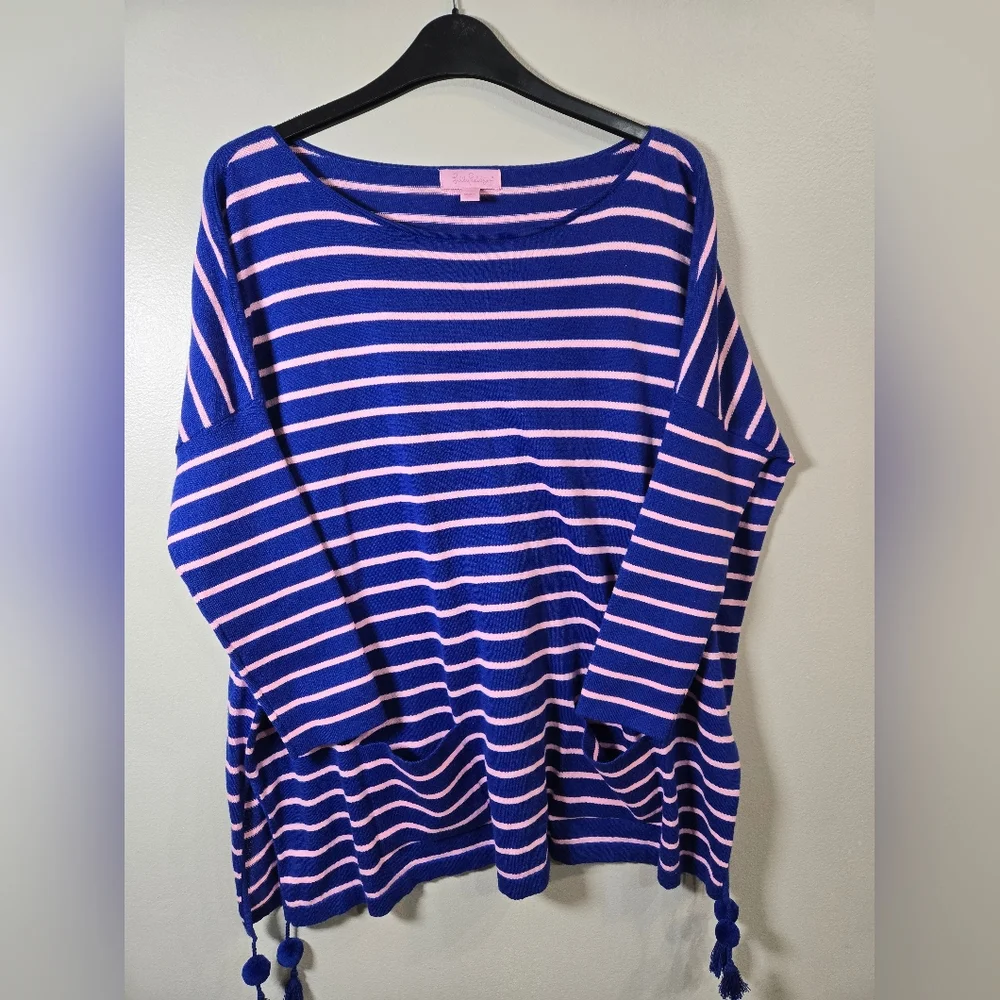 Lilly Pulitzer Navy and Pink Striped Top Sz Small 67% Cotton 37% Espandex